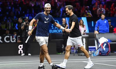 Swiss player Roger Federer (R) and Spanish player Rafael Nadal